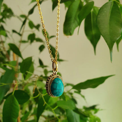 Turquoise Gold Necklace / Brass / Ethnic / Hypoallergenic / Hippie / Gypsy / Rustic / Stainless steel