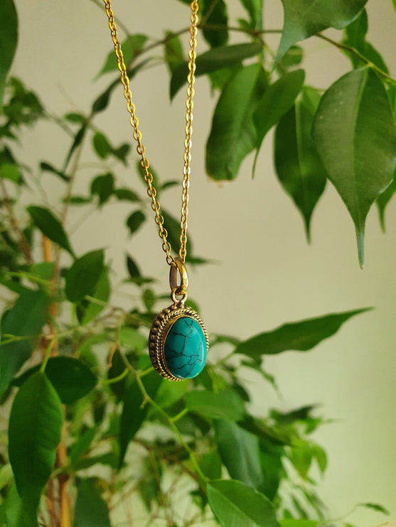 Turquoise Gold Necklace / Brass / Ethnic / Hypoallergenic / Hippie / Gypsy / Rustic / Stainless steel