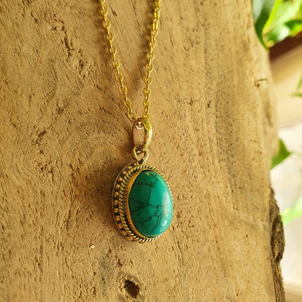 Turquoise Gold Necklace / Brass / Ethnic / Hypoallergenic / Hippie / Gypsy / Rustic / Stainless steel