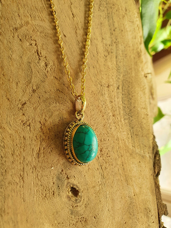 Turquoise Gold Necklace / Brass / Ethnic / Hypoallergenic / Hippie / Gypsy / Rustic / Stainless steel