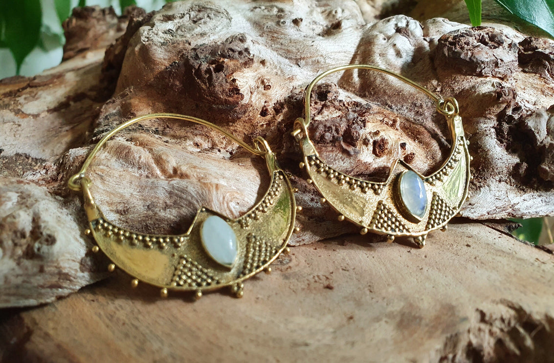 Golden Ethnic Moonstone Earrings Ethnic, rustic, yoga, hippie, gypsy, pretty, psy, boho, bohemian, festival