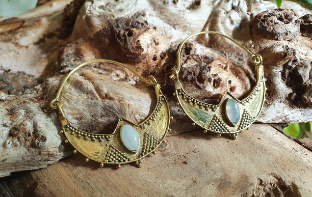 Golden Ethnic Moonstone Earrings Ethnic, rustic, yoga, hippie, gypsy, pretty, psy, boho, bohemian, festival