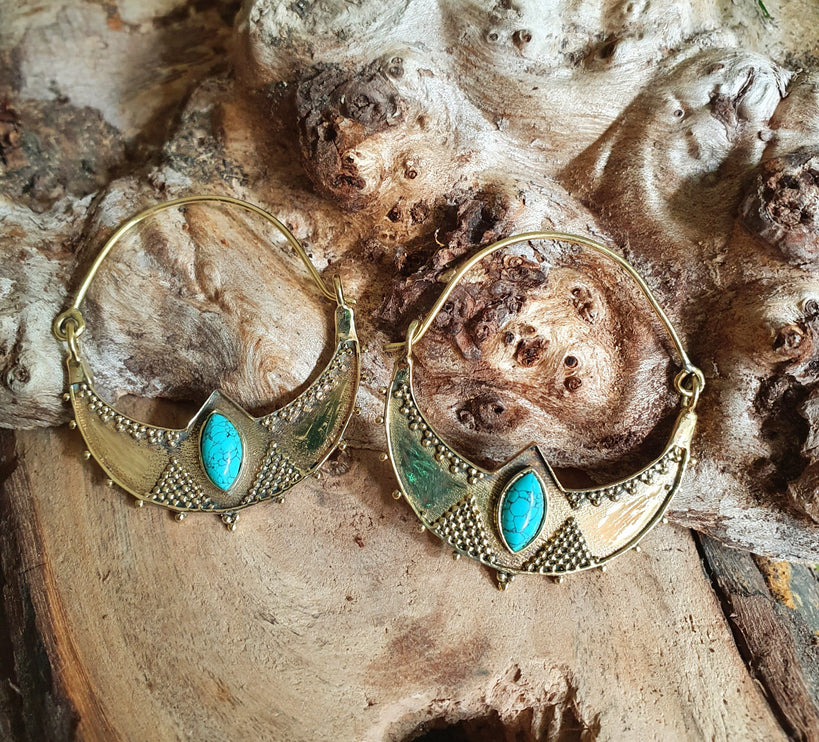 Golden Ethnic Turquoise Earrings Ethnic, rustic, yoga, hippie, gypsy, pretty, psy, boho, bohemian, festival