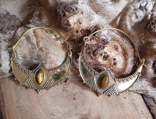 Tiger Eye & Brass Ethnic Hoop Earrings / Boho / Yoga / Ethnic / Rustic / Gypsy / Tribal / Bohemian / Festival / Coachella / Chic