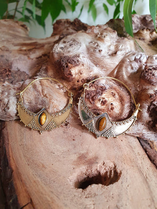 Tiger Eye & Brass Ethnic Hoop Earrings / Boho / Yoga / Ethnic / Rustic / Gypsy / Tribal / Bohemian / Festival / Coachella / Chic
