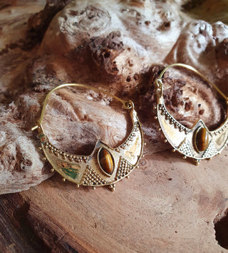 Tiger Eye & Brass Ethnic Hoop Earrings / Boho / Yoga / Ethnic / Rustic / Gypsy / Tribal / Bohemian / Festival / Coachella / Chic