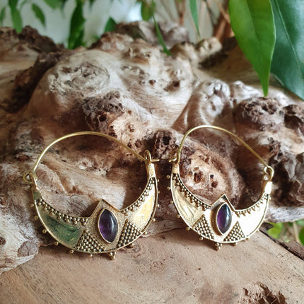 Amethyst & Brass Ethnic Earrings / Boho / Yoga / Rustic / Gypsy / Tribal / Bohemian / Festival / Coachella / Chic