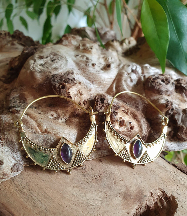 Amethyst & Brass Ethnic Earrings / Boho / Yoga / Rustic / Gypsy / Tribal / Bohemian / Festival / Coachella / Chic