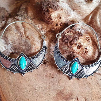 Turquoise Silver Ethnic Earrings, rustic, yoga, hippie, gypsy, pretty, psy, boho, bohemian, festival