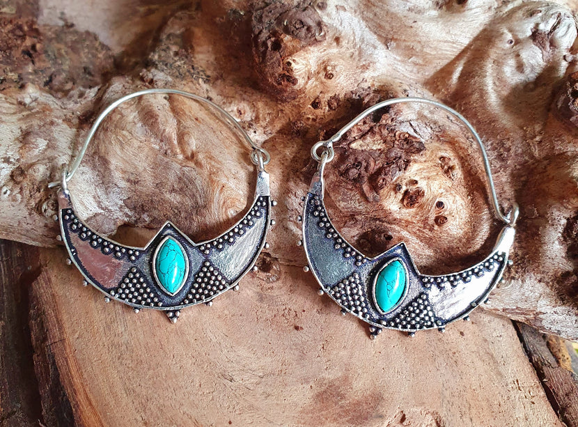 Turquoise Silver Ethnic Earrings, rustic, yoga, hippie, gypsy, pretty, psy, boho, bohemian, festival