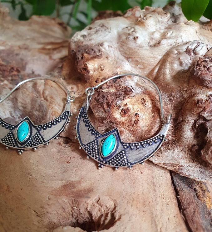 Turquoise Silver Ethnic Earrings, rustic, yoga, hippie, gypsy, pretty, psy, boho, bohemian, festival