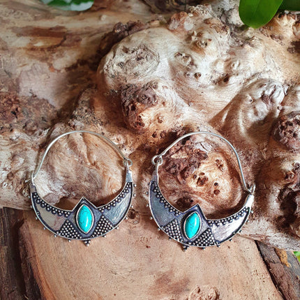 Turquoise Silver Ethnic Earrings, rustic, yoga, hippie, gypsy, pretty, psy, boho, bohemian, festival