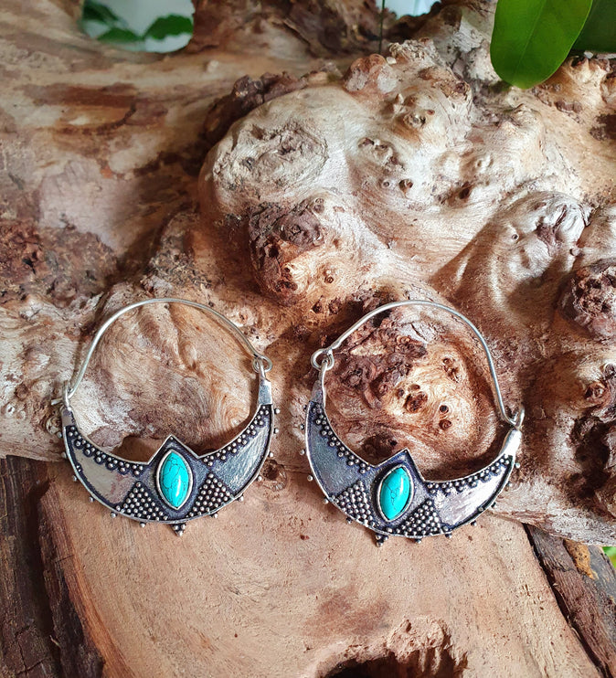 Turquoise Silver Ethnic Earrings, rustic, yoga, hippie, gypsy, pretty, psy, boho, bohemian, festival