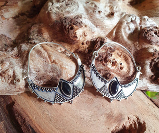 Black Onyx & Silver Ethnic Earrings / Boho / Yoga / Rustic / Gypsy / Tribal / Bohemian / Festival / Coachella / Chic