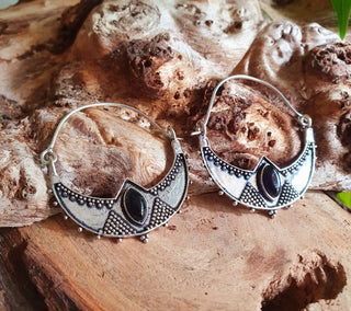Black Onyx & Silver Ethnic Earrings / Boho / Yoga / Rustic / Gypsy / Tribal / Bohemian / Festival / Coachella / Chic