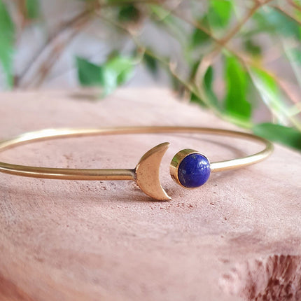 Gold Moon Bracelet / Lapis Lazuli / Brass / Bangle / Galaxy / Solar System / Planets / Boho / Adjustable / Hippie / Chic / Sun