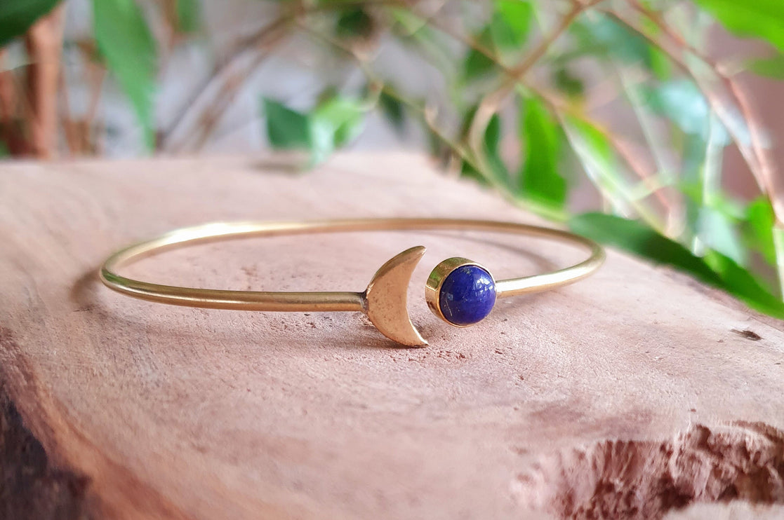 Gold Moon Bracelet / Lapis Lazuli / Brass / Bangle / Galaxy / Solar System / Planets / Boho / Adjustable / Hippie / Chic / Sun