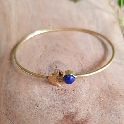 Gold Moon Bracelet / Lapis Lazuli / Brass / Bangle / Galaxy / Solar System / Planets / Boho / Adjustable / Hippie / Chic / Sun