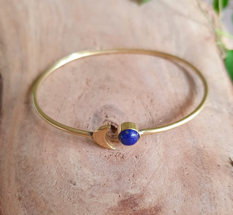 Gold Moon Bracelet / Lapis Lazuli / Brass / Bangle / Galaxy / Solar System / Planets / Boho / Adjustable / Hippie / Chic / Sun