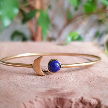 Gold Moon Bracelet / Lapis Lazuli / Brass / Bangle / Galaxy / Solar System / Planets / Boho / Adjustable / Hippie / Chic / Sun