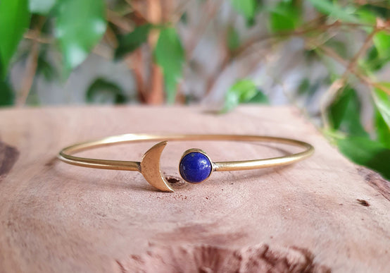 Gold Moon Bracelet / Lapis Lazuli / Brass / Bangle / Galaxy / Solar System / Planets / Boho / Adjustable / Hippie / Chic / Sun