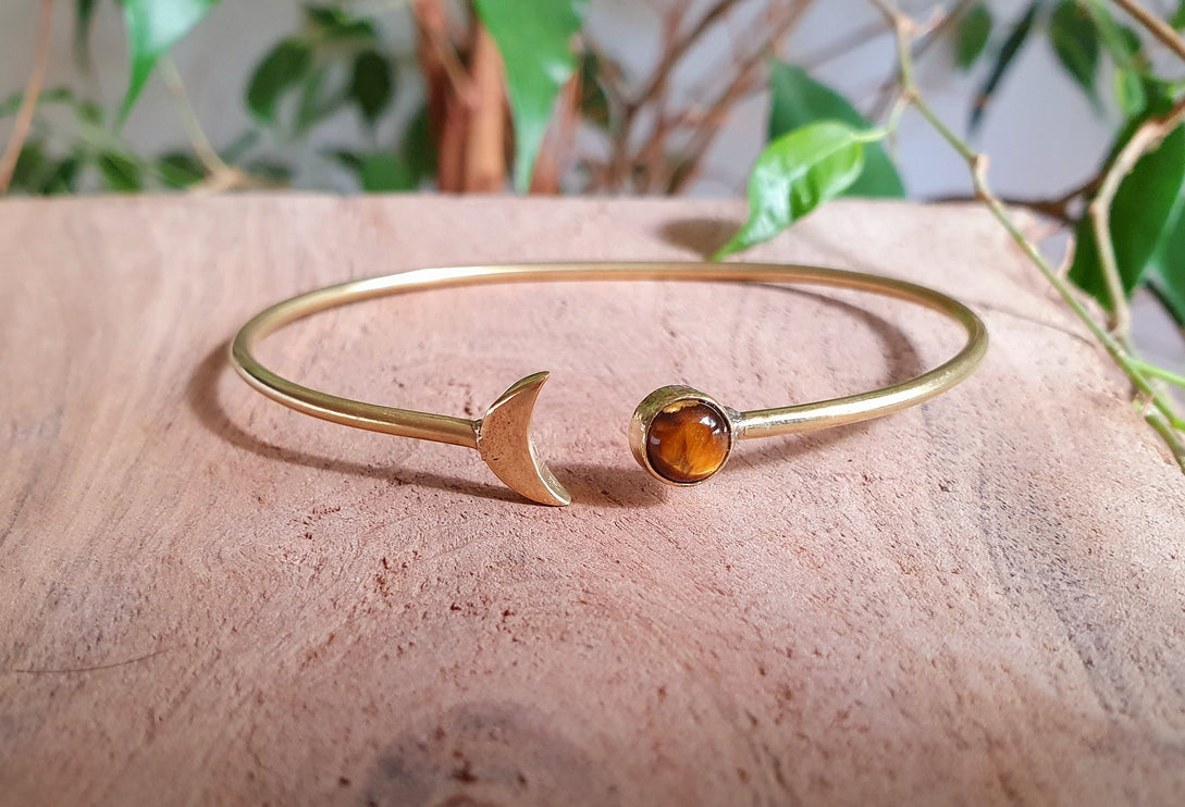 L’œil de tigre Jonc Bracelet de Lune Dorée / Laiton / Galaxie / Solaire / Soleil / Ethnique / Réglable