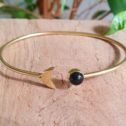 Gold Moon Bracelet / Black Onyx / Brass / Bangle / Galaxy / Solar System / Planets / Boho / Adjustable / Hippie / Chic / Sun