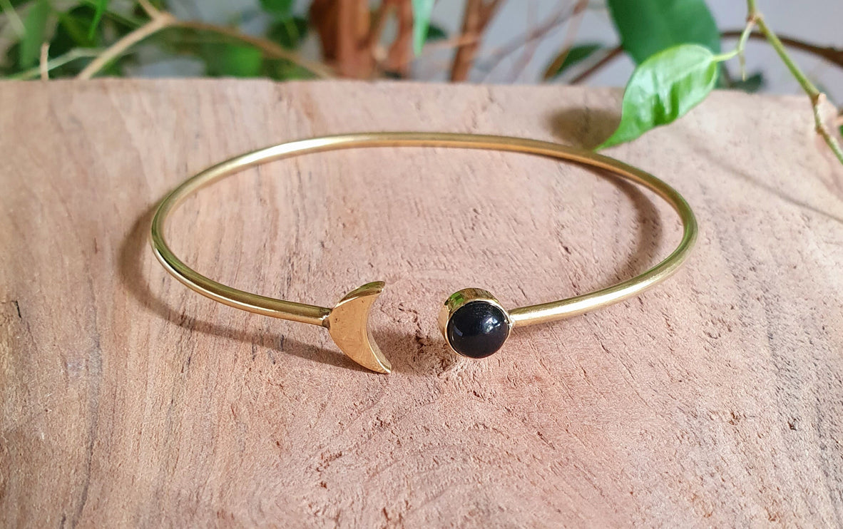 Gold Moon Bracelet / Black Onyx / Brass / Bangle / Galaxy / Solar System / Planets / Boho / Adjustable / Hippie / Chic / Sun