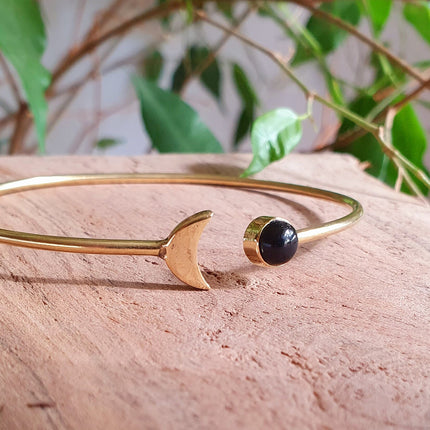 Gold Moon Bracelet / Black Onyx / Brass / Bangle / Galaxy / Solar System / Planets / Boho / Adjustable / Hippie / Chic / Sun