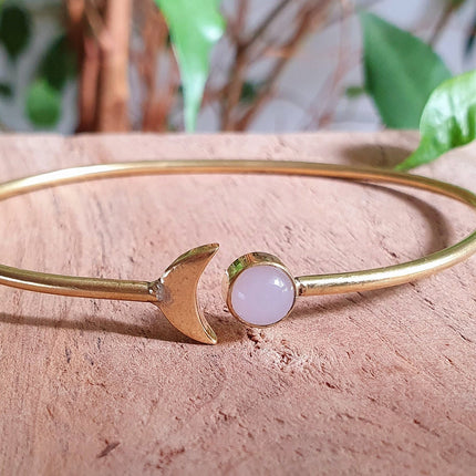 Gold Moon Bracelet / Rose Quartz / Brass / Bangle / Galaxy / Solar System / Planets / Boho / Adjustable / Hippie / Chic / Sun