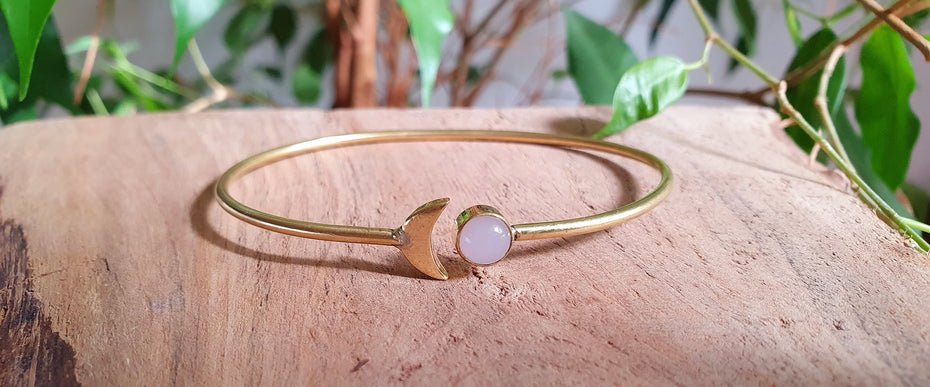 Gold Moon Bracelet / Rose Quartz / Brass / Bangle / Galaxy / Solar System / Planets / Boho / Adjustable / Hippie / Chic / Sun