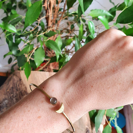 Gold Moon Bracelet / Labradorite / Brass / Bangle / Galaxy / Solar System / Planets / Boho / Adjustable / Hippie / Chic / Sun