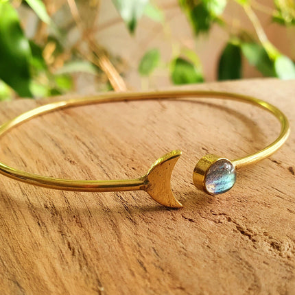 Gold Moon Bracelet / Labradorite / Brass / Bangle / Galaxy / Solar System / Planets / Boho / Adjustable / Hippie / Chic / Sun