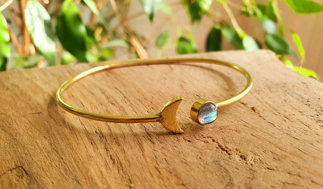 Gold Moon Bracelet / Labradorite / Brass / Bangle / Galaxy / Solar System / Planets / Boho / Adjustable / Hippie / Chic / Sun