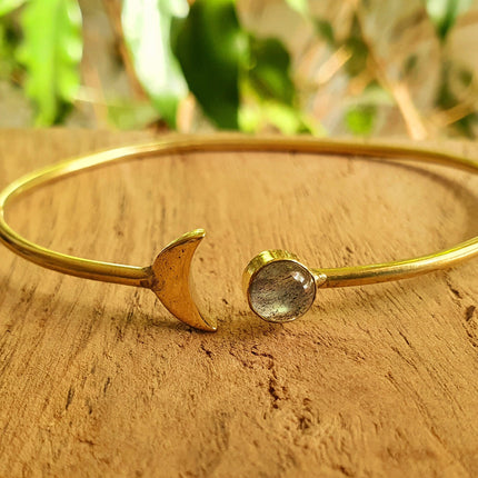 Gold Moon Bracelet / Labradorite / Brass / Bangle / Galaxy / Solar System / Planets / Boho / Adjustable / Hippie / Chic / Sun