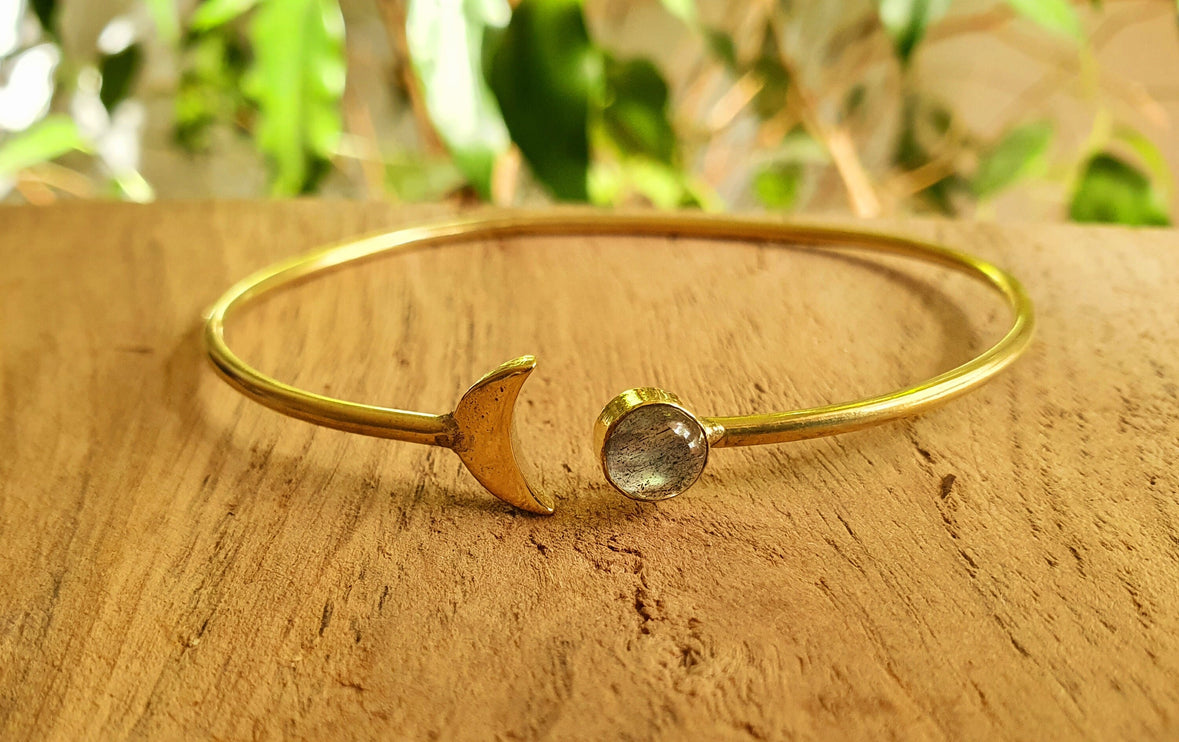 Gold Moon Bracelet / Labradorite / Brass / Bangle / Galaxy / Solar System / Planets / Boho / Adjustable / Hippie / Chic / Sun