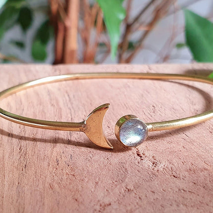 Gold Moon Bracelet / Labradorite / Brass / Bangle / Galaxy / Solar System / Planets / Boho / Adjustable / Hippie / Chic / Sun