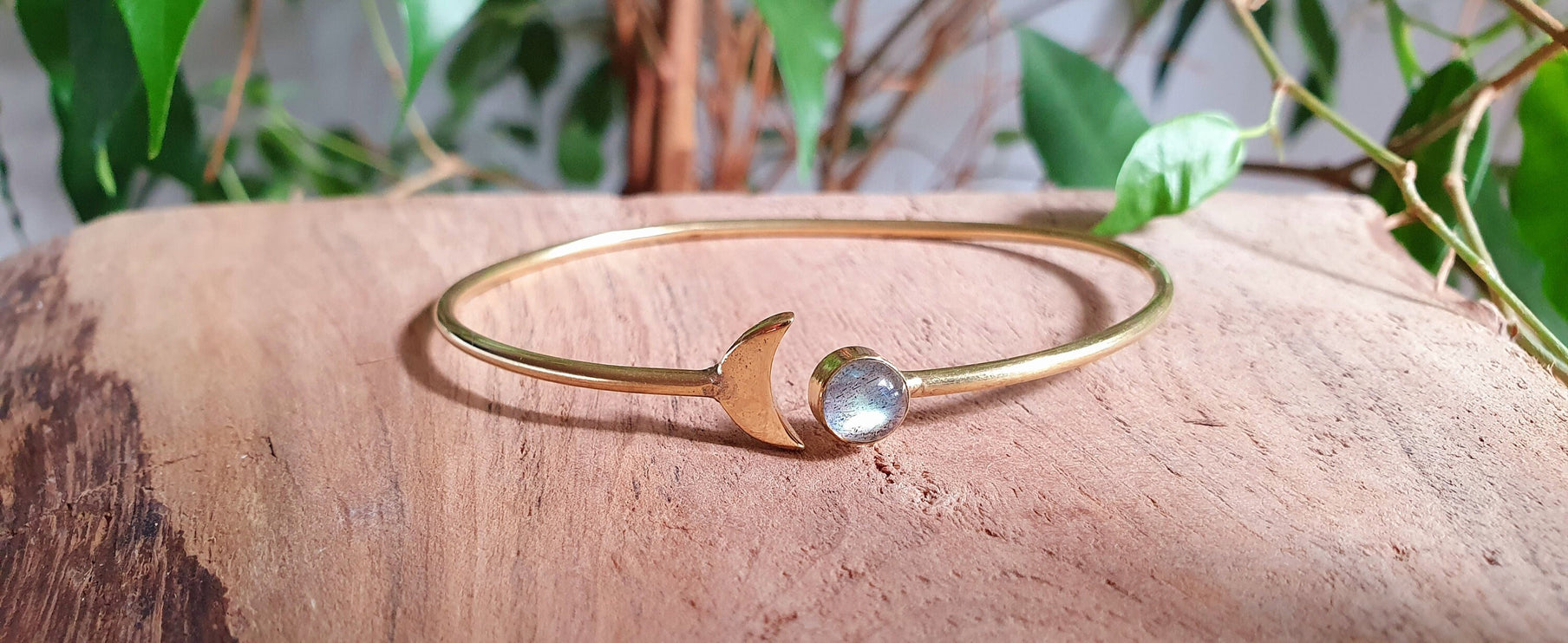 Gold Moon Bracelet / Labradorite / Brass / Bangle / Galaxy / Solar System / Planets / Boho / Adjustable / Hippie / Chic / Sun