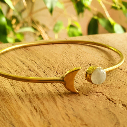 Gold Moon Bracelet / Moonstone / Brass / Bangle / Galaxy / Solar System / Planets / Boho / Adjustable / Hippie / Chic / Sun