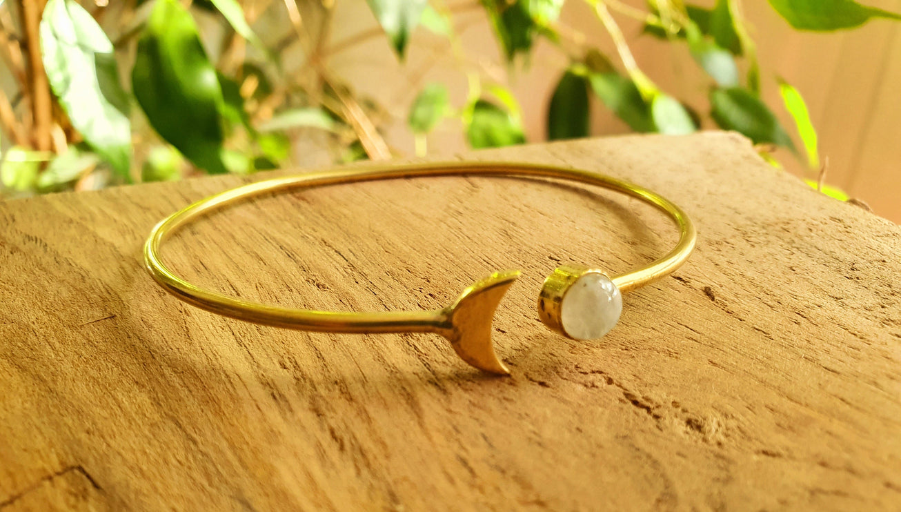 Gold Moon Bracelet / Moonstone / Brass / Bangle / Galaxy / Solar System / Planets / Boho / Adjustable / Hippie / Chic / Sun