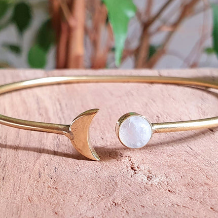 Gold Moon Bracelet / Moonstone / Brass / Bangle / Galaxy / Solar System / Planets / Boho / Adjustable / Hippie / Chic / Sun