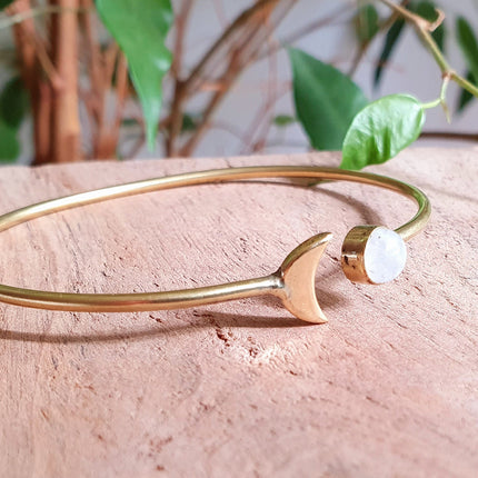 Gold Moon Bracelet / Moonstone / Brass / Bangle / Galaxy / Solar System / Planets / Boho / Adjustable / Hippie / Chic / Sun