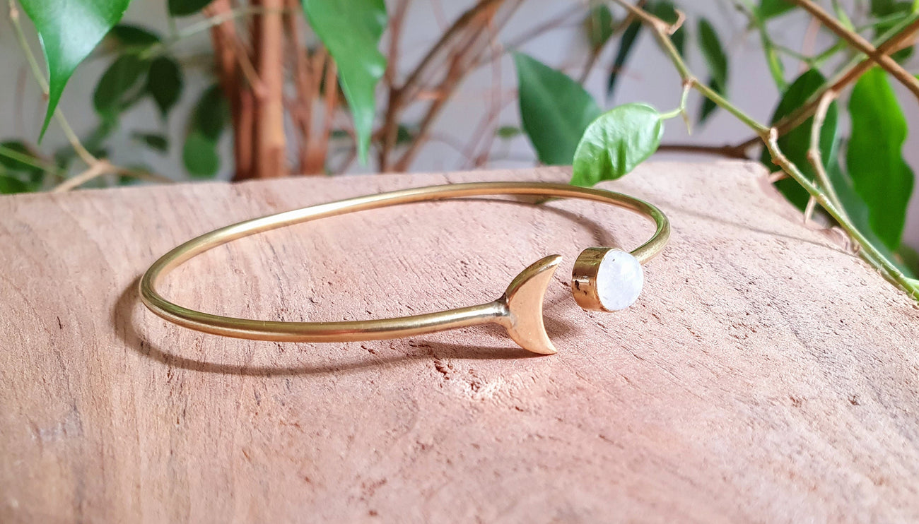 Gold Moon Bracelet / Moonstone / Brass / Bangle / Galaxy / Solar System / Planets / Boho / Adjustable / Hippie / Chic / Sun