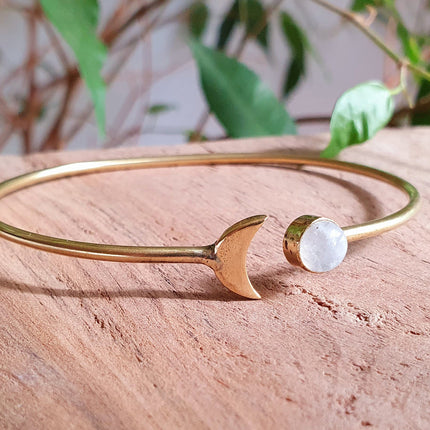 Gold Moon Bracelet / Moonstone / Brass / Bangle / Galaxy / Solar System / Planets / Boho / Adjustable / Hippie / Chic / Sun