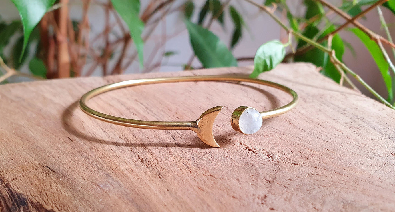 Gold Moon Bracelet / Moonstone / Brass / Bangle / Galaxy / Solar System / Planets / Boho / Adjustable / Hippie / Chic / Sun