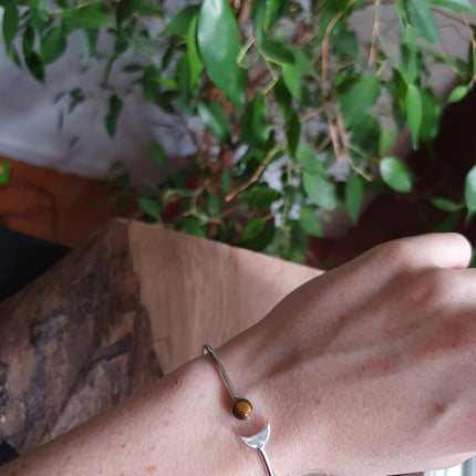 Silver Moon Bracelet / Tiger eye / Bangle / Galaxy / Solar System / Planets / Boho / Adjustable / Hippie / Chic / Sun