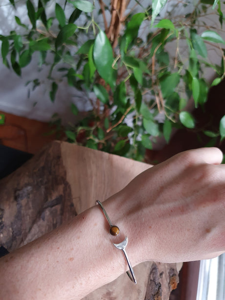 Silver Moon Bracelet / Tiger eye / Bangle / Galaxy / Solar System / Planets / Boho / Adjustable / Hippie / Chic / Sun