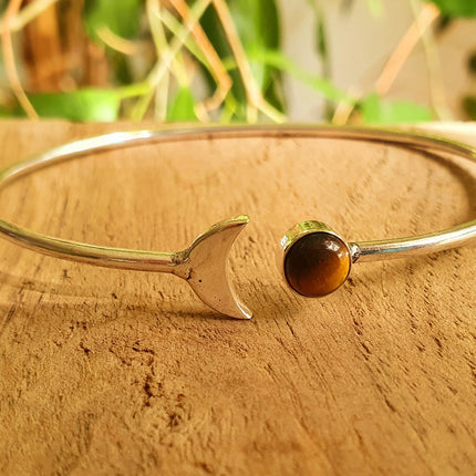 Silver Moon Bracelet / Tiger eye / Bangle / Galaxy / Solar System / Planets / Boho / Adjustable / Hippie / Chic / Sun