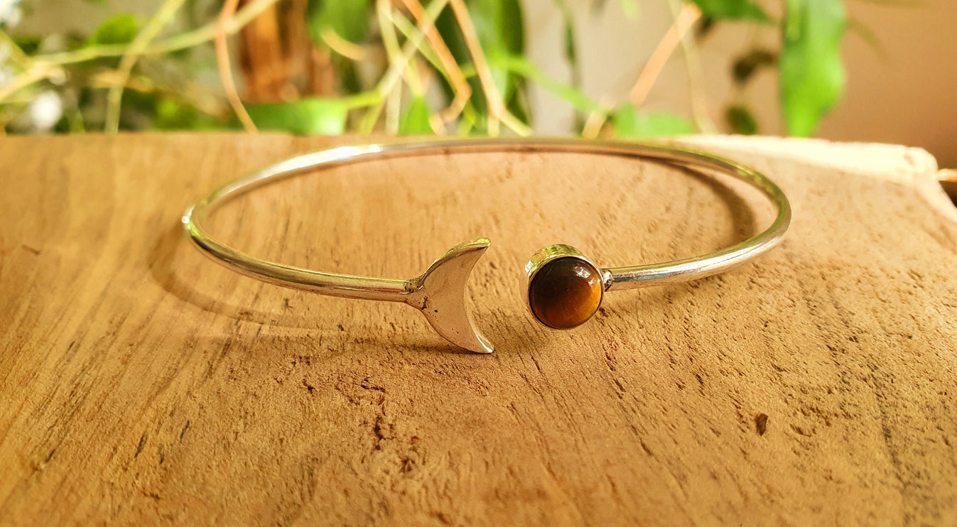 Silver Moon Bracelet / Tiger eye / Bangle / Galaxy / Solar System / Planets / Boho / Adjustable / Hippie / Chic / Sun