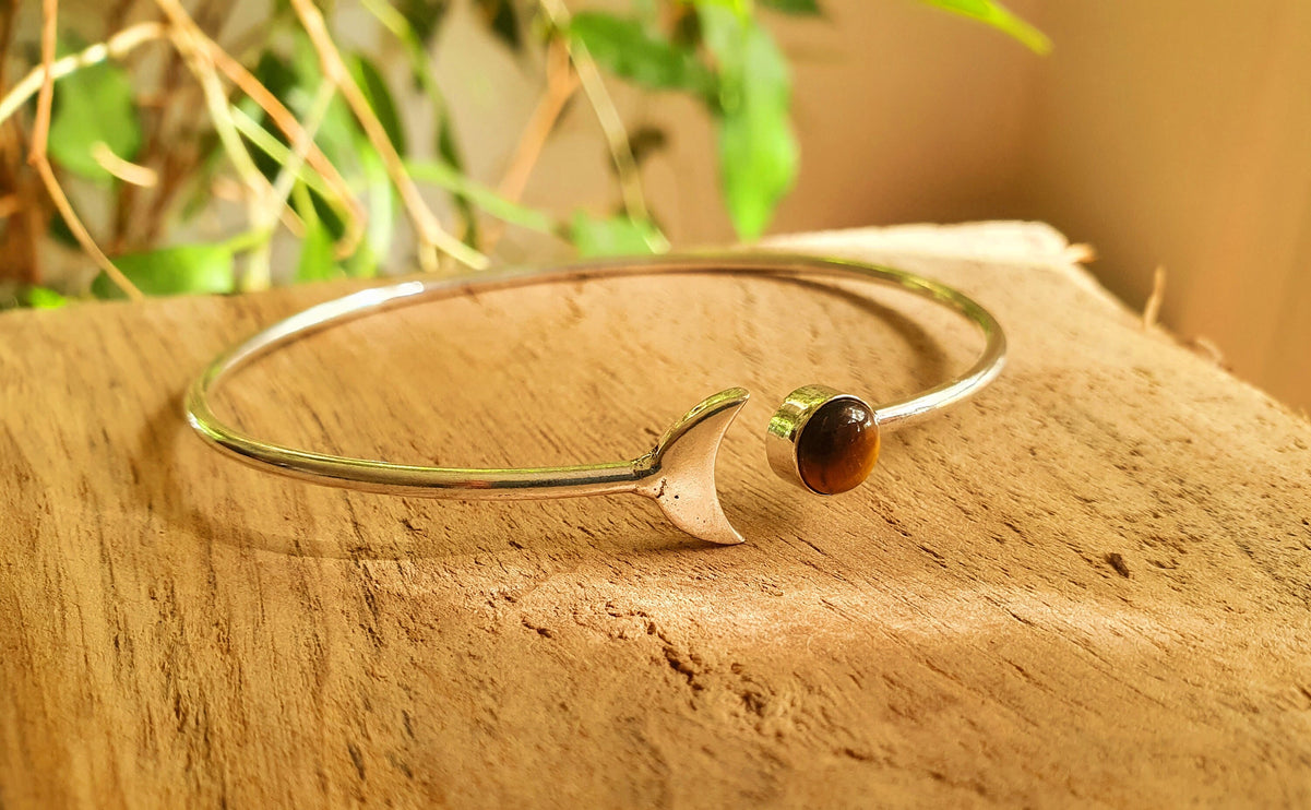 Silver Moon Bracelet / Tiger eye / Bangle / Galaxy / Solar System / Planets / Boho / Adjustable / Hippie / Chic / Sun